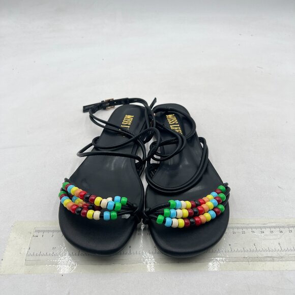 miss left Black Beaded Flat Ankle Strap Open Toe Slide Sandals Lace up Sandals - Picture 3 of 8